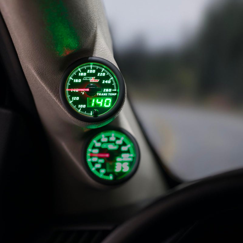 MaxTow Double Vision 260F Transmission Temperature Gauge Kit - Includes 1/8-27 NPT Electronic Sensor & Wiring - Black Dial - Green LED Lighting - Analog & Digital Readouts - for Trucks - 2-1/16" 52mm - Image 2